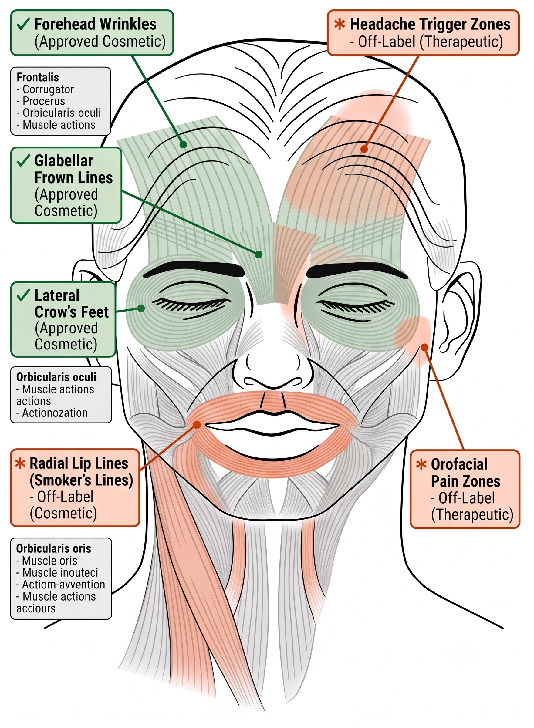 Facial diagram showing FDA-approved and off-label cosmetic neurotoxin treatment areas