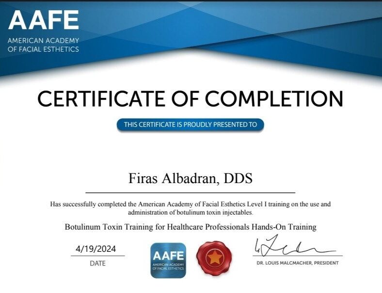 Dr. Firas Albadran AAFE Botulinum Toxin Training for Healthcare Professionals Certificate — April 2024