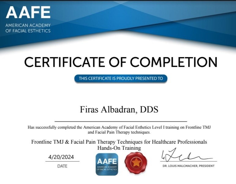 Dr. Firas Albadran AAFE Frontline TMJ and Facial Pain Therapy Techniques training certificate 2024