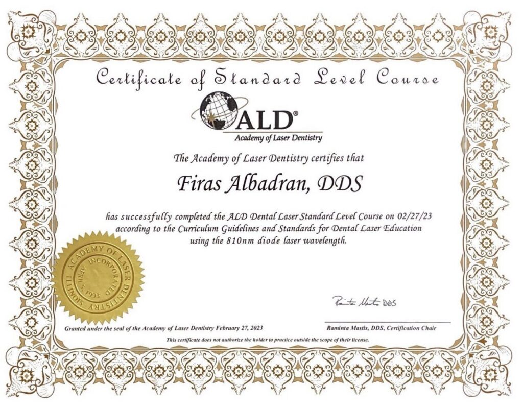 Dr. Firas Albadran's Academy of Laser Dentistry (ALD) Standard Level Course certificate, 810nm diode laser wavelength, completed February 27, 2023.