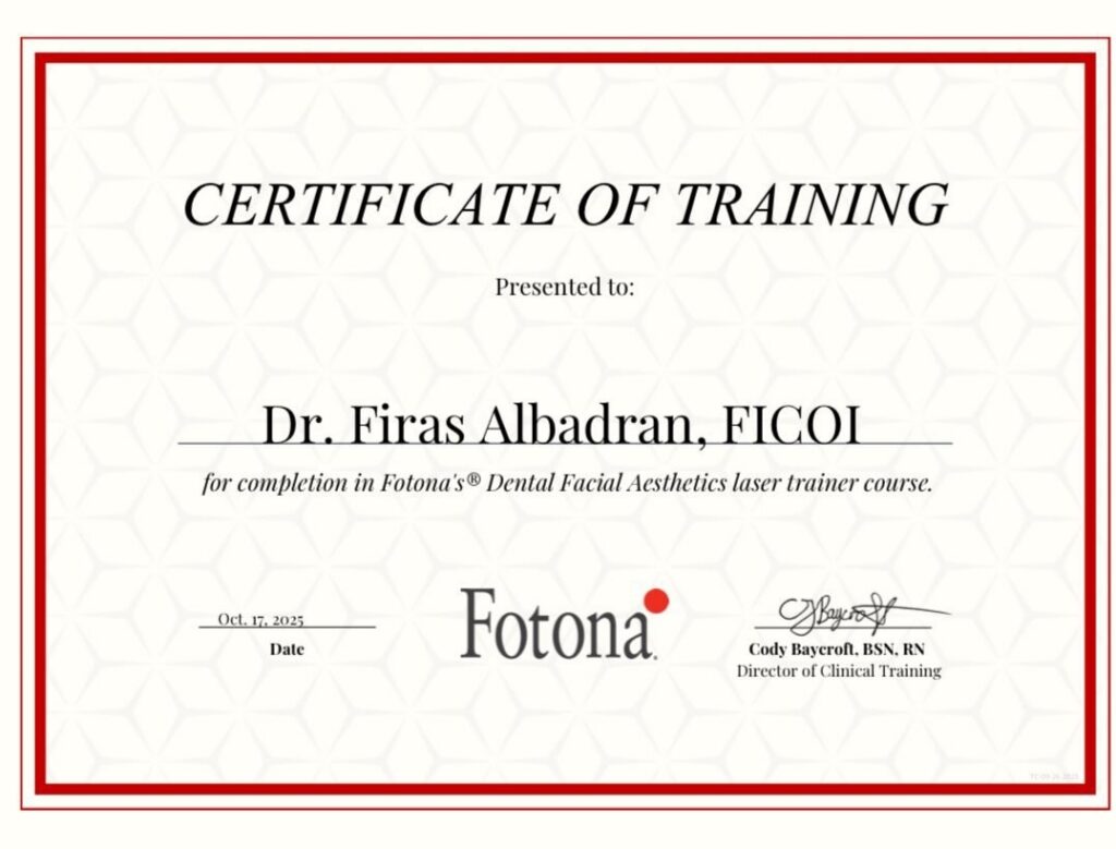 Dr. Firas Albadran's Fotona Certificate of Training in Dental Facial Aesthetics, completed October 17, 2025.